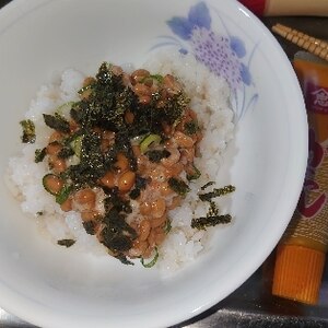 からしがきいた刻み海苔とねぎの納豆かけご飯